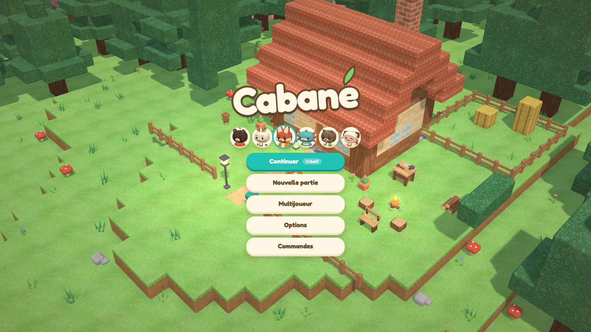 Le menu du jeu : le logo, le choix du personnage, et la cabane derrière.